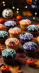 Halloween themed cupcakes with spider web designs on wooden surface