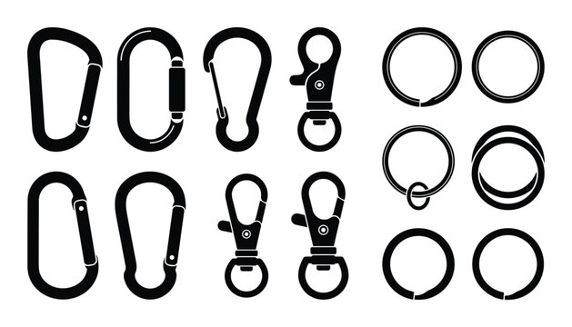 A set of various carabiners, keyrings, and metal loops. Ideal for security, fasteners, and related applications.