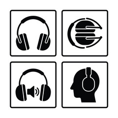 A square set design featuring headphones icons, sound, and audio, isolated on a white background.