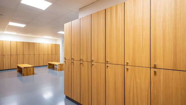 Bright modern gym locker room with wooden benches and clean lockers, natural sunlight, airy interior, and copy space for branding, fitness, wellness, or facility promotions. - Powered by Adobe