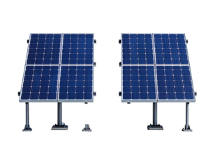 Two square blue solar panels on mounts, dark background