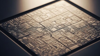Close-up of a circuit board with intricate golden pathways and connections