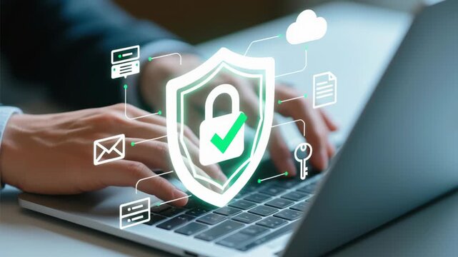 Secure cloud data protection shield lock laptop keyboard hands network security zero trust vpn connection technology smart business ai encrypted remote work privacy system user typing overlays