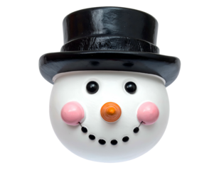 Cheerful snowman face with black hat, carrot nose, pink cheeks