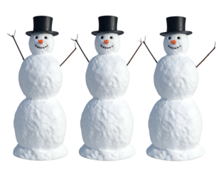 Three friendly snowmen with hats stand side-by-side
