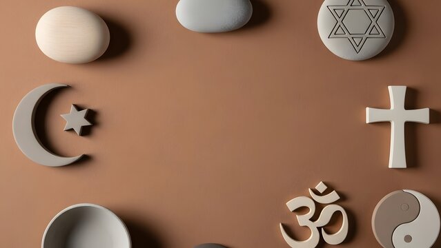 Various religious symbols arranged on a minimalist brown background with stones and shapes