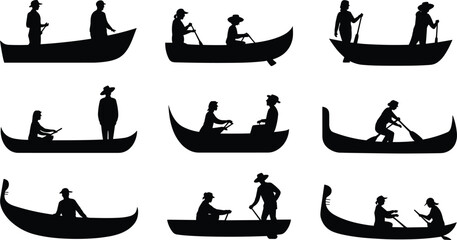 Canoe silhouettes set featuring people paddling and sitting in traditional boats on water isolated on white background for outdoor recreation, travel, and adventure design use © Babulur 