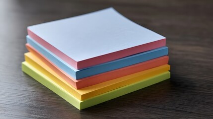 A neatly stacked pile of colorful square sticky notes rests on a dark wooden surface ready for notes