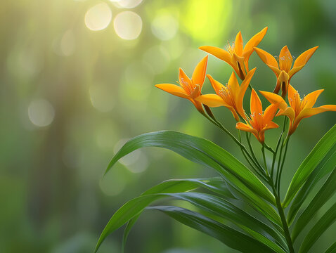 Six vibrant orange flowers with prominent stamens and green leaves, set against a soft, sunlit green bokeh background