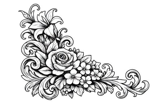 Floral corner ornament with a vintage look, featuring a rose, lily, leaves, and intricate scrolls. Transparent background