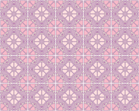 Repeating circular mosaic tile pattern creating an abstract ornamental background. Seamless pink and purple geometric mandala pattern texture