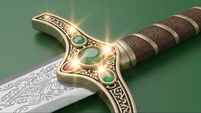 Close-up of an ornate medieval sword with intricate carvings and sparkling gemstones on its hilt.