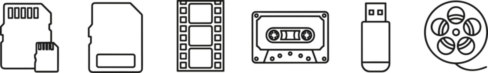 Obraz premium Digital and vintage data storage media icon set including memory cards, film strip, audio cassette, USB flash drive, and reel