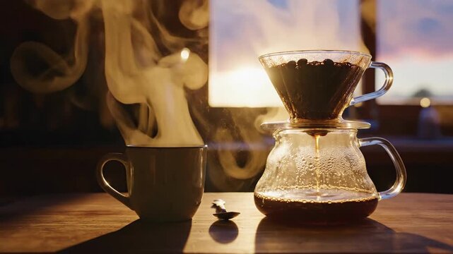 Close up of coffee brewing process with steam and morning light
