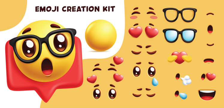 Emoji nerd creation kit clipart set. Editable emoticon creation kit clip art with head, eyes, mouth, sunglasses and heart chat emoji collection in shocking, in love, crying, blowing and happy emoji 