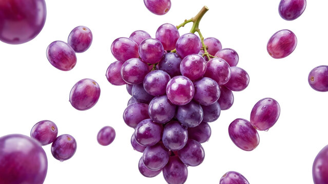 Fresh Red Grapes Falling and Floating Isolated on White Background