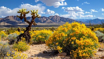 Vast arid landscape under a vibrant blue sky, featuring striking desert vegetation in yellow hues and distant mountain ranges