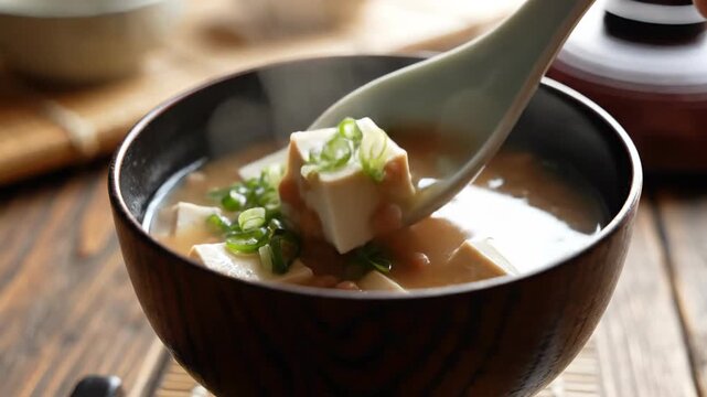 Close up of miso soup in wooden bowl with tofu and green onions