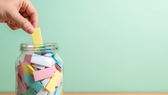 Filling a Jar with Colorful Notes, Wish Jar Concept, Pastel Colors