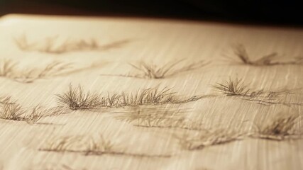 A close-up of abstract ink art depicting sparse grass strokes on a textured beige background with soft lighting. 4k Video footage. - Powered by Adobe
