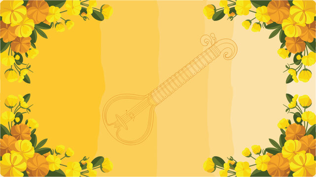 Yellow flowers surrounding musical instrument silhouette on textured backdrop