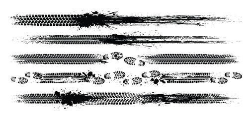 Fototapeta premium Black grunge tire tracks and footprints vector set. Dirty marks, isolated design elements, and background lines.