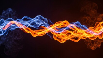 Dynamic abstract image of colorful swirling smoke or energy waves in vibrant orange blue and black background for creative design projects and digital art