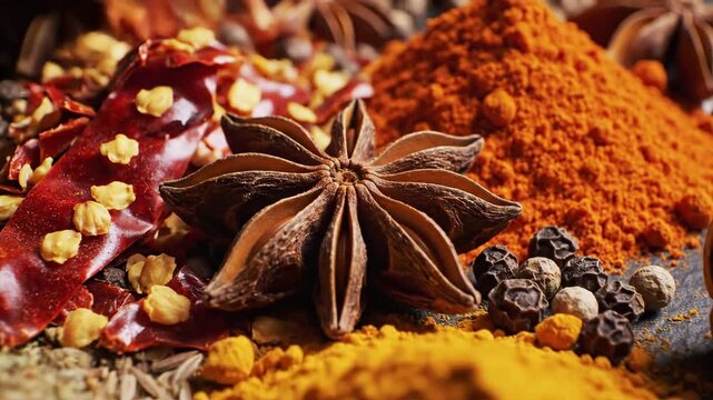 Close up of various spices and herbs for culinary purposes