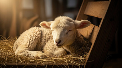 Adorable Baby Lamb Sleeping Peacefully on a Bed of Hay in a Rustic Wooden Crate with Warm Sunlight - Springtime Farm Animal Scene