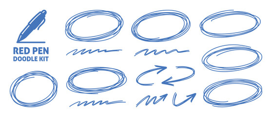 Blue pen doodle kit includes hand-drawn circles, lines, and arrows. Vector illustration for design and creative projects.