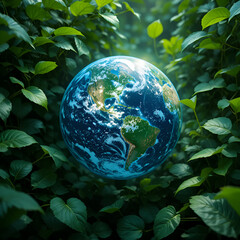 A stunning visual representation of the Earth surrounded by lush greenery and vibrant leaves, symbolizing nature and environmental conservation.