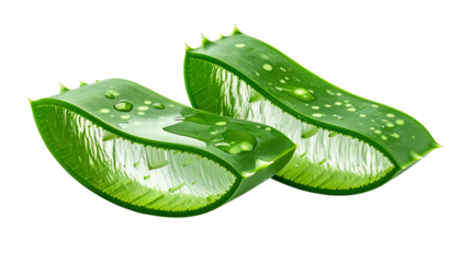 Aloe vera leaf sliced open showing transparent gel interior, realistic moisture and shine, clean botanical detail, isolated on transparent background, medical and cosmetic ingredient concept