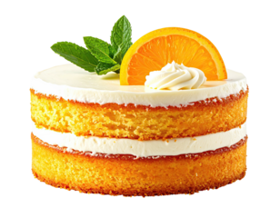 Two-layered cake with orange slice and mint garnish