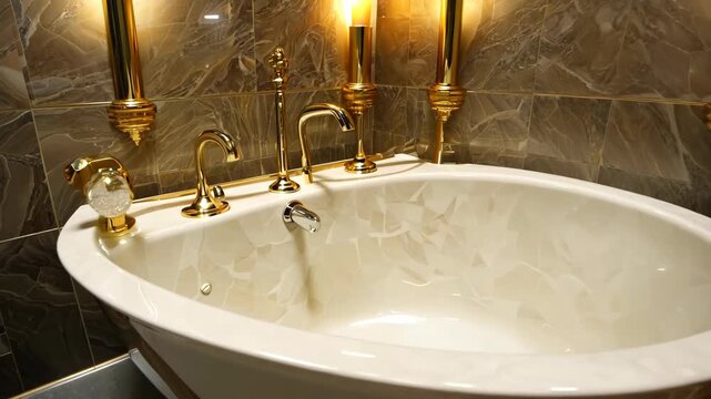 A luxurious white bathtub with golden faucets and candles glowing softly in a marble bathroom. 4k Video footage.