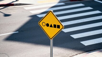 Caution sign displaying geometric shapes on a bright yellow background, located near a pedestrian crosswalk, with asphalt road and white stripes visible, conveying essential traffic information for sa