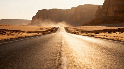 Desert highway stretching into the horizon, surrounded by rocky cliffs and sandy terrain, illuminated by warm sunlight, creating a serene and adventurous atmosphere for travel enthusiasts