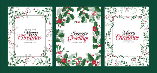 Merry Christmas greeting card clipart poster set. Christmas card and Christmas wishes clip art with mistletoe and holly berry leaves frame background design for holiday season green plants decoration  © Zeinous