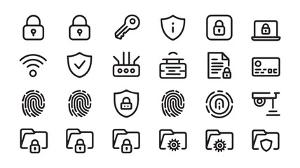 Vector illustration of security icons showcasing various protection methods and digital safety measures in a clean and organized grid layout