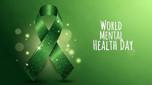 Green awareness ribbon symbolizing mental health awareness for World Mental Health Day with vibrant background and inspiring message for mental wellness - Powered by Adobe
