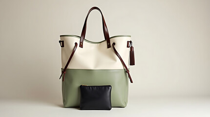 Two- Tone Leather Tote Bag in Cream and Sage Green with Dark Brown Straps and a Small Black Pouch