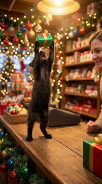 Un gato negro se estira sobre un mostrador de una tienda navide&ntilde;a, observando un regalo.