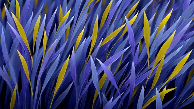 Bright blue and yellow grass fills the view in four close-up frames. Each frame shows different angles and patterns in the garden under sunlight