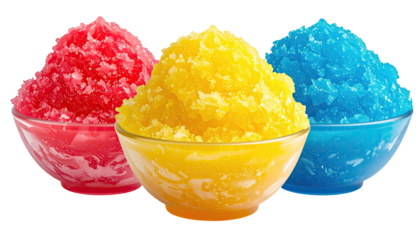 Three colorful, fruity shaved ice desserts