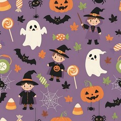 Halloween themed pattern pumpkins ghosts bats and children in costumes