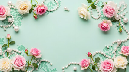 Ornate floral frame with pink and white roses, pearls, and damask patterns on a soft mint green background