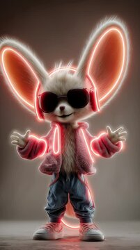 Un conejo antropom&oacute;rfico con estilo urbano y orejas de ne&oacute;n.