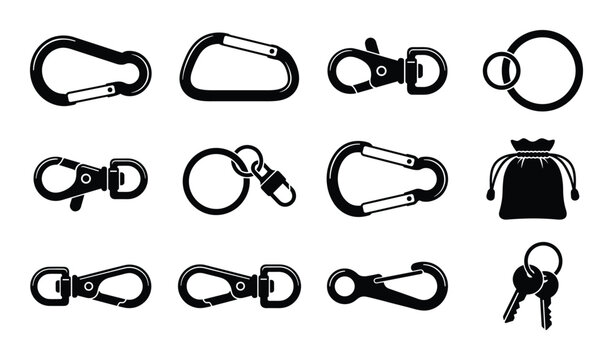 Collection of carabiner clips, keyrings, lobster clasps, pouch isolated on white background.
