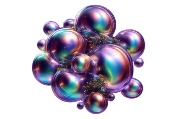 Iridescent spheres clustering, abstract liquid bubbles forming, futuristic chrome design, pearlescent metallic shape on transparent background