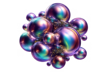 Iridescent spheres clustering, abstract liquid bubbles forming, futuristic chrome design, pearlescent metallic shape on transparent background