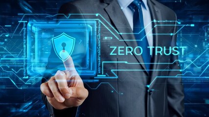 Zero trust security cloud data protection network system vpn connection technology smart business ai businessman touching virtual shield icon to illustrate modern cybersecurity approach touch screen - Powered by Adobe